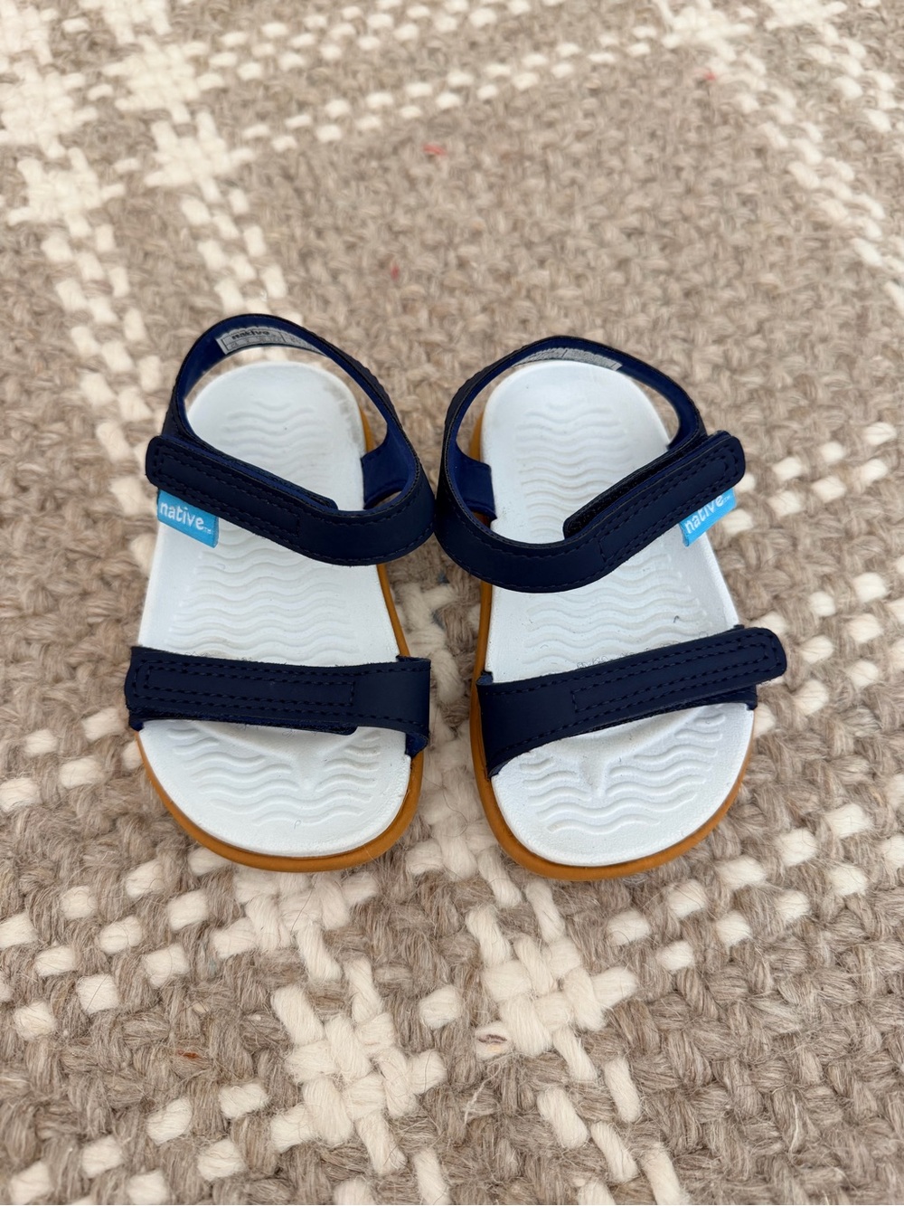Native Kids Sandals in Navy and White with Tan Sole